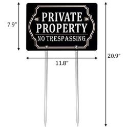 Kichwit Private Property No Trespassing Sign Double Sided, Aluminum, All Metal Construction, Sign Measures 11.8'' x 7.9'', 14'' Long Metal Stakes Included