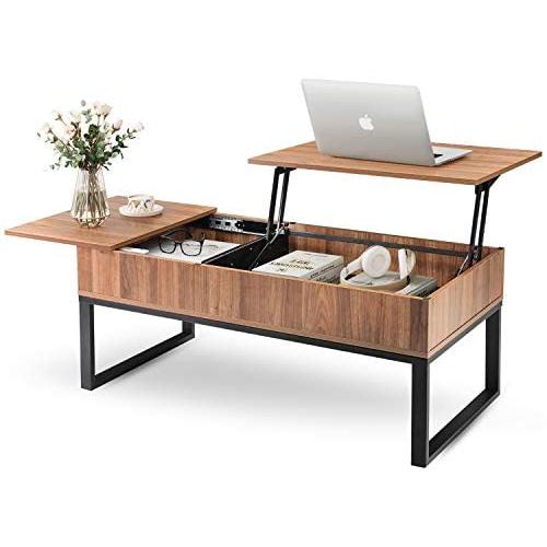WLIVE Wood Lift Top Coffee Table with Hidden Storage Compartment, Side Drawer and Metal Frame, Lift Tabletop Dining Table for Home, Living Room, Office