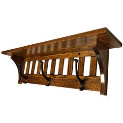 Mission Style Wall Mounted Coat Rack with Shelf – Wooden Hat Rack – Entryway Organizer with Hooks – Rustic Farmhouse Mounted Wall Rack (3 Hooks, 32.5''L, Oak Wood, Michaels Stain)
