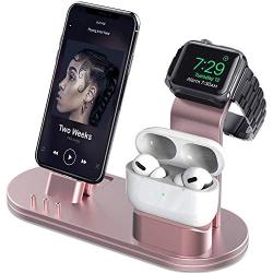 OLEBR Charging Stand 3 in 1 Compatible with AirPods, iWatch Series 6/SE/5/4/3/2/1,Phone 12/12 Pro/ 12 Pro Max/11/11 Pro/11 Pro Max/Xs/X Max/XR/X/8/8Plus/7/7 Plus /6S /6S Plus-Rose Gold