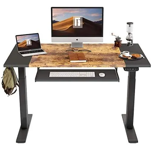 FEZIBO Dual Motor Height Adjustable Electric Standing Desk with Keyboard Tray, 48 x 24 Inch Sit Stand Table with Splice Board, Black Frame/Black and Rustic Brown Top