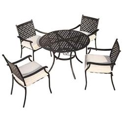 Festival Depot 5 Piece Outdoor Furniture Patio Dining Set All Weather Bistro Chairs with Seat Cushions, Round Metal Table with Umbrella Hole for Deck Lawn Garden Black (Beige)