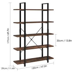 Homfa Bookshelf, 5-Tier Industrial Bookcase, Open Storage Display Shelves Organizer, Accent Furniture with Wood Grain Shelves and Metal Frame for Home Office, 47L x 13W x 70H