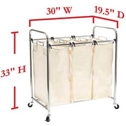 Seville Classics Mobile 3-Bag Heavy-Duty Laundry Hamper Sorter Cart