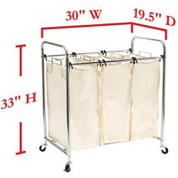 Seville Classics Mobile 3-Bag Heavy-Duty Laundry Hamper Sorter Cart