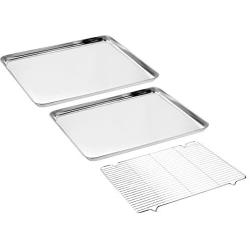 Baking Sheets 2 Pieces with A Rack, HKJ Chef Cookie Sheets and Nonstick Cooling Rack & Stainless Steel Baking Pans & Toaster Oven Tray Pan, Rectangle Size 12.5 x 10 x 1 inch & Non Toxic