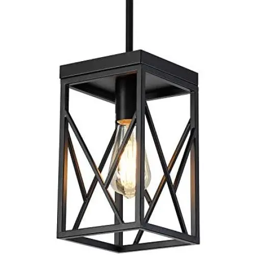 Modern Black Pendant Light with Metal Cage, One-Light Adjustable Rods Industrial Mini Pendant Lighting Fixture for Kitchen Island Cafe Bar Farmhouse, Black Modern Black Pendant Light with Metal Cage, One-Light Adjustable Rods Industrial Mini Pendant Lighting Fixture for Kitchen Island Cafe Bar Farmhouse, Black
