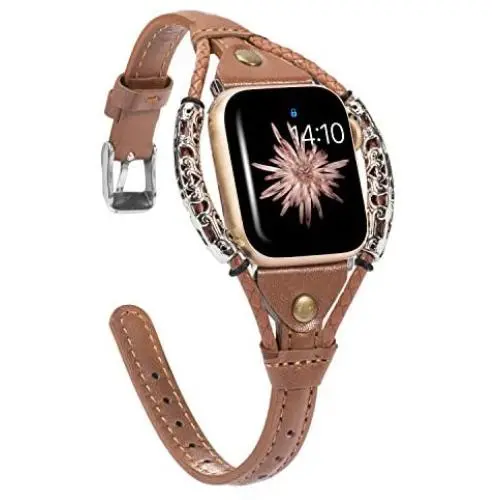 Wearlizer Leather Compatible with Apple Watch Bands 38mm 40mm for iWatch SE Womens Handmade Twist Strip Brown Strap with Bronze Rivet Rope Wristband Stylish Bracelet (Silver Clasp) Series 6 5 4 3 2 1