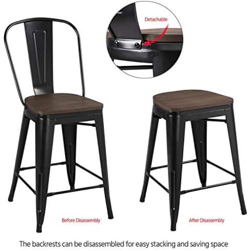 Yaheetech 24Inch Seat Height Tolix Style Dining Stools Chairs with Wood Seat/Top and High Backrest, Industrial Metal Counter Height Stool, Modern Kitchen Dining Bar Chairs Rustic, Black, Set of 4