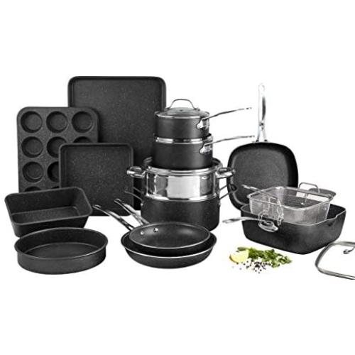 Granite Stone Pots and Pans Set, 20 Piece Complete Cookware + Bakeware Set with Ultra Nonstick 100% PFOA Free Coating–Includes Frying Pans, Saucepans, Stock Pots, Steamers, Cookie Sheets & Baking Pans