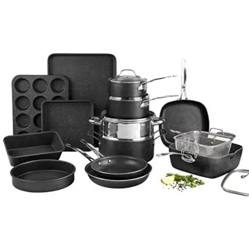 Granite Stone Pots and Pans Set, 20 Piece Complete Cookware + Bakeware Set with Ultra Nonstick 100% PFOA Free Coating–Includes Frying Pans, Saucepans, Stock Pots, Steamers, Cookie Sheets & Baking Pans