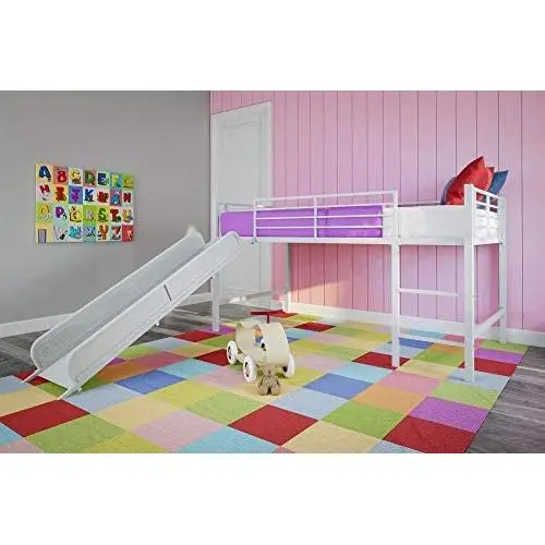 DHP Junior Twin Metal Loft Bed with Slide, Multifunctional Design, White with White Slide DHP Junior Twin Metal Loft Bed with Slide, Multifunctional Design, White with White Slide