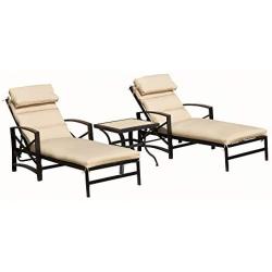 Festival Depot 3 Pieces Patio Outdoor Chaise Lounge Chairs with Cushions Set with Coffee Table Premium Fabric Metal Frame Furniture Garden Bistro Soft Headrests (Khaki)