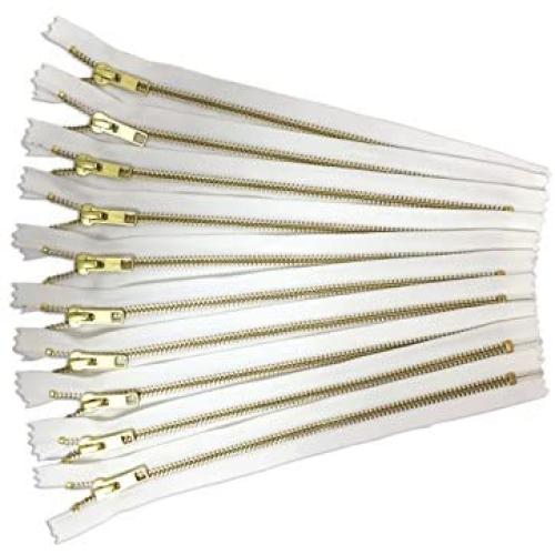 white ykk zippers in golden brass - 10 pieces no.5 zippers - 14 inch