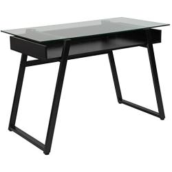 Flash Furniture Huntley Glass Computer Desk with Shelf and Black Metal Legs