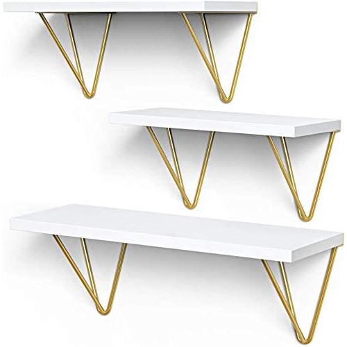 White Floating Shelves - Elegant Vanity Triangle Golden Metal Brackets Hanging Wall Shelves Set of 3 - Wall Mounted Shelf for Living Room, Bedroom, Kitchen by AMADA HOMEFURNISHING