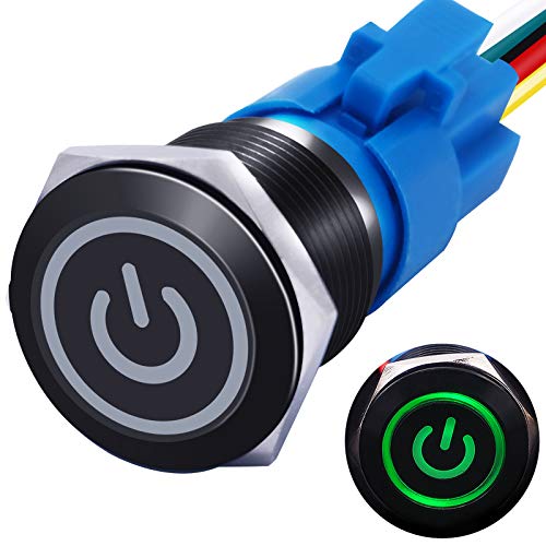 mxuteuk 19mm Latching Push Button Switch 1 NO 1 NC SPDT ON/Off Black Metal Shell with 12v Green Power Symbol Light with Wire Socket Plug Suitable for 3/4'' Mounting Hole Self-Locking L-19-POWER-B-G