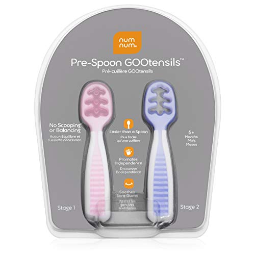 NumNum Pre-Spoon GOOtensils | Baby Spoon Set (Stage One + Stage Two) | BPA Free Silicone Self Feeding Utensil | #1 Doctor Recommended Baby Led Weaning Spoon for Kids Ages 6 Months+ (Lilac/Rosebud)