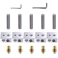 ExcelFu 5pcs 30MM Length Extruder 1.75MM Teflon Throat Tube and 5pcs 0.4MM Brass Extruder Nozzle and 5pcs Heater Blocks Hotend for MK8 Makerbot Anet A8 3D Printer (Bonus: 2pcs hex Key Wrenches)