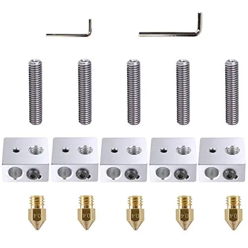ExcelFu 5pcs 30MM Length Extruder 1.75MM Teflon Throat Tube and 5pcs 0.4MM Brass Extruder Nozzle and 5pcs Heater Blocks Hotend for MK8 Makerbot Anet A8 3D Printer (Bonus: 2pcs hex Key Wrenches) ExcelFu 5pcs 30MM Length Extruder 1.75MM Teflon Throat Tube and 5pcs 0.4MM Brass Extruder Nozzle and 5pcs Heater Blocks Hotend for MK8 Makerbot Anet A8 3D Printer (Bonus: 2pcs hex Key Wrenches)