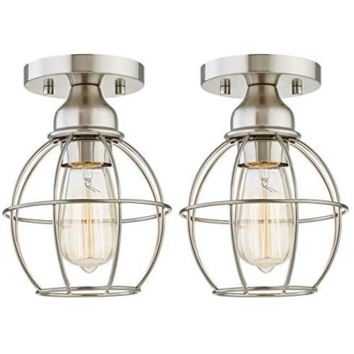 Gruenlich Semi Flush Mount Ceiling Light Fixture for Outdoor and Indoor, One E26 Medium Base 60W Max, Metal Housing and Metal Cage, Bulb not Included, 2-Pack (Nickel Finish)