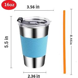 Stainless Steel Kids Cups with Lids and Straws,16oz Spill Proof Kids Straw Cups with Lids,Metal Kids Smoothie Cups with Silicone Straws,Kids Travel Tumblers with Lids for Kids and Toddlers