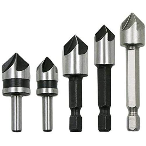 Driak 5pc 5 Flutes HSS Industrial Countersink Drill Bit Set Quick Change Bit 1/4 in Hex Shank Chamfer Chamfering Cutter tool Center Punch Tool Sets for Wood Metal Working