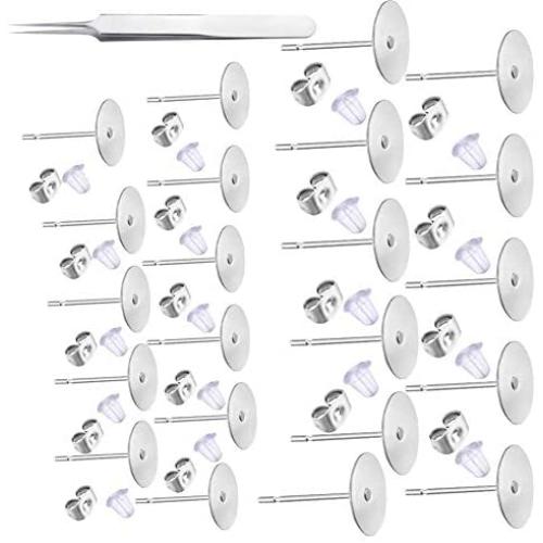 GooDay 1200 PCS 8MM Hypoallergenic Stainless Steel Earrings Posts Flat Pad Blank Earring Pin Studs with Butterfly Earring Backs and Silicone Bullet Earring Backs for Jewelry Making Findings