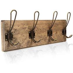 Wall Mounted Coat Rack - Rustic Wooden 4 Hook Coat Hanger Rail, Distressed Wood, Antique Brass Hooks