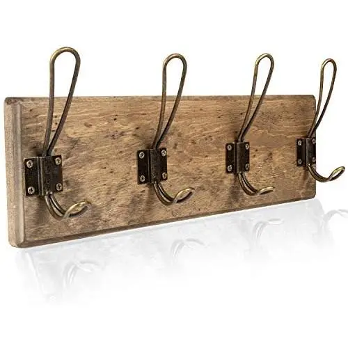 Wall Mounted Coat Rack - Rustic Wooden 4 Hook Coat Hanger Rail, Distressed Wood, Antique Brass Hooks Wall Mounted Coat Rack - Rustic Wooden 4 Hook Coat Hanger Rail, Distressed Wood, Antique Brass Hooks