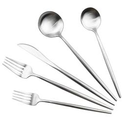 Gugrida Luxury Flatware, Royal 5 Piece Matte White Handle 18/10 Stainless Steel Tableware Sets for 1 Including Forks Spoons Knives, Camping Silverware Travel Utensils Set Cutlery (Full Silver)