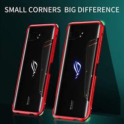 MME ASUS ROG 2 Phone Case Bumper Metal Luminous Rubber Corner Shockproof Full Body Protection with Tempered Glass Screen Protector and Anti-Scratch Carbon Fiber Skin Back (Red)