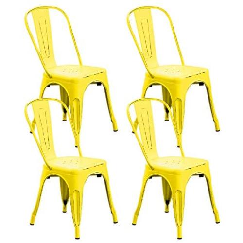 BONZY HOME Metal Dining Chairs Distressed Style, Stackable Side Chairs with Back, Indoor Outdoor Use Chair for Farmhouse, Patio, Restaurant, Kitchen, Set of 4(Distressed Yellow)