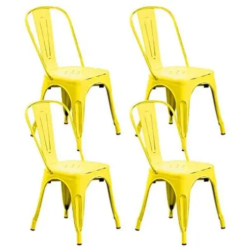 BONZY HOME Metal Dining Chairs Distressed Style, Stackable Side Chairs with Back, Indoor Outdoor Use Chair for Farmhouse, Patio, Restaurant, Kitchen, Set of 4(Distressed Yellow)