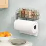 mDesign Wall Mount Metal Paper Towel Holder with Storage Shelf for Kitchen, Pantry, Laundry, Garage Organization - Shelf Holds Spice Bottles, Glass Jars, Oils and Vinegars - Graphite Gray