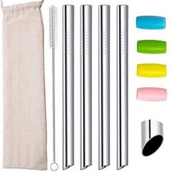 Smoothie Boba Straws Thick Reusable Metal Straws Angled Tips Fat Wide Milkshake Jumbo Bubble Tea Stainless Steel Straw Bulk With Travel Case Carry Bag Silicone Tips Cleaner Brush 12mm 0.5 In 4 Pack