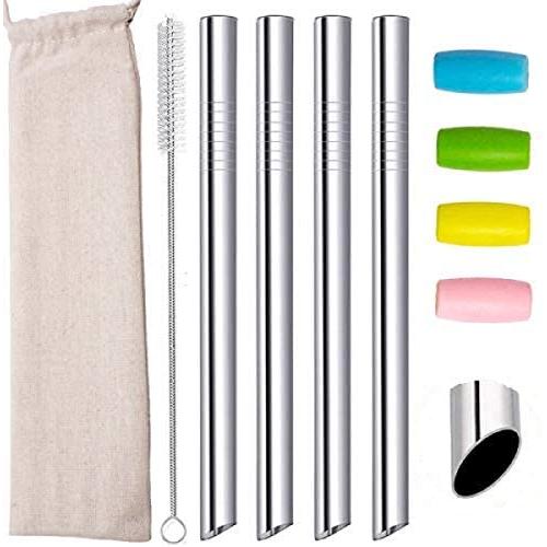 Smoothie Boba Straws Thick Reusable Metal Straws Angled Tips Fat Wide Milkshake Jumbo Bubble Tea Stainless Steel Straw Bulk With Travel Case Carry Bag Silicone Tips Cleaner Brush 12mm 0.5 In 4 Pack
