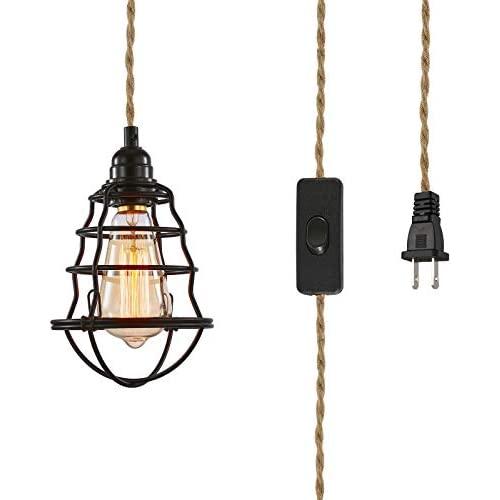 Industrial Plug in Pendant Lights Edison Metal Plug in Pendant Light Fixture Mini E26 E27 Hanging Cage Pendant Lights with 12.5FT Hemp Rope Wire and ON/Off Switch(1-Pack) …