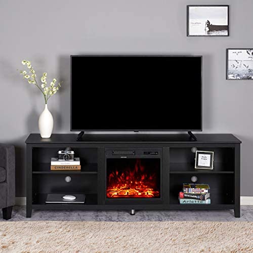 Amerlife Fireplace TV Stand, Wood Texture Entertainment Center, Wide Farmhouse Media Console Storage Cabinet for for TVs Up to 78'', 70 inches, Black