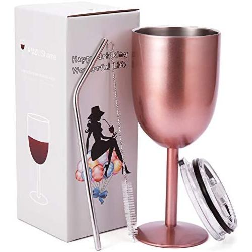 Stainless Steel Wine Glasses Cups.Double Walled Vacuum Insulated Wine Tumbler With Lid and Straw.Friendship,Christmas,Birthday Gifts for Women Men Friends Dad Mom(10oz Rose Gold)