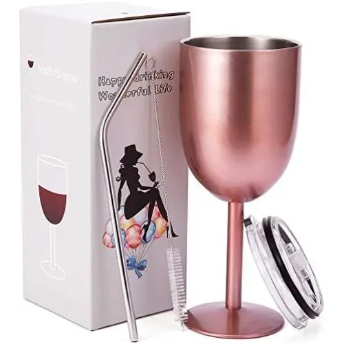 Stainless Steel Wine Glasses Cups.Double Walled Vacuum Insulated Wine Tumbler With Lid and Straw.Friendship,Christmas,Birthday Gifts for Women Men Friends Dad Mom(10oz Rose Gold) Stainless Steel Wine Glasses Cups.Double Walled Vacuum Insulated Wine Tumbler With Lid and Straw.Friendship,Christmas,Birthday Gifts for Women Men Friends Dad Mom(10oz Rose Gold)