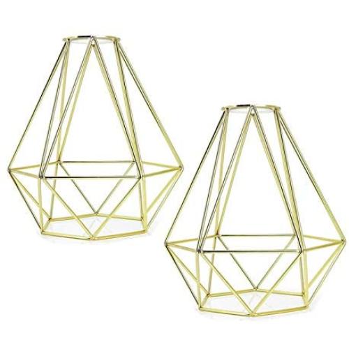 2 Pcs Metal Bulb Guard Cage Lamp Shade - Industrial Ecopower Lighting Antique Holders Iron Wire Golden Diamonds Shape Open Style for Ceiling Fan Light Bulb Covers Pendant Lighting Fixture Wall Lamp