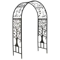 Plow & Hearth Arched Metal Garden Arbor with Symbolic Tree of Life Design, Weather-Resistant Matte Black Powder-Coat Finish and Burnished Bronze Highlights, 53'' W x 22¾''D x 83'' H