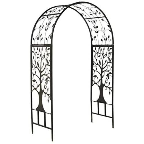 Plow & Hearth Arched Metal Garden Arbor with Symbolic Tree of Life Design, Weather-Resistant Matte Black Powder-Coat Finish and Burnished Bronze Highlights, 53'' W x 22¾''D x 83'' H