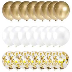 Confetti Balloons 12'' Party Balloons Latex Balloons Birthday Balloons Baby Shower Balloons Wedding Balloons for More Parties 50 Pcs Pack-White, Gold, Golden Confettii Balloons with Ribbon