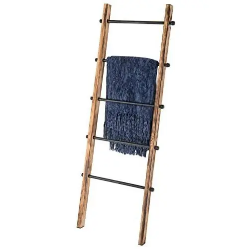 MyGift 5-ft Urban Rustic Wall-Leaning Burnt Wood & Metal Quilt Blanket and Towel Storage Ladder Stand MyGift 5-ft Urban Rustic Wall-Leaning Burnt Wood & Metal Quilt Blanket and Towel Storage Ladder Stand