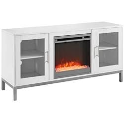 Walker Edison Griffith Contemporary Double Glass Door Fireplace TV Stand, 52 Inch, White