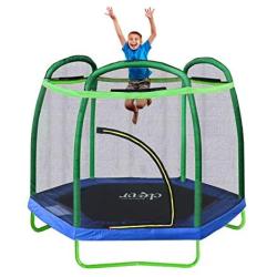 Clevr 7ft Kids Trampoline with Safety Enclosure Net & Spring Pad, Mini Indoor/Outdoor Round Bounce Jumper 84'', Built-in Zipper Heavy Duty Steel Frame, Great Gift for Kids