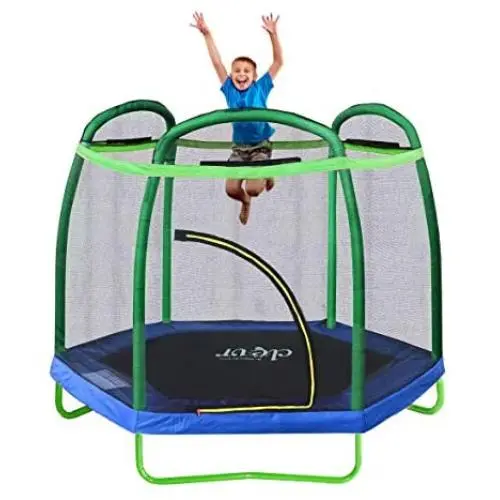 Clevr 7ft Kids Trampoline with Safety Enclosure Net & Spring Pad, Mini Indoor/Outdoor Round Bounce Jumper 84'', Built-in Zipper Heavy Duty Steel Frame, Great Gift for Kids