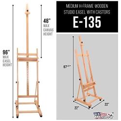 U.S. Art Supply Medium Wooden H-Frame Studio Easel with Artist Storage Tray and Wheels - Mast Adjustable to 96'' High, Holds Canvas to 48'' - Sturdy Beechwood Holder Floor Stand - Display Paintings